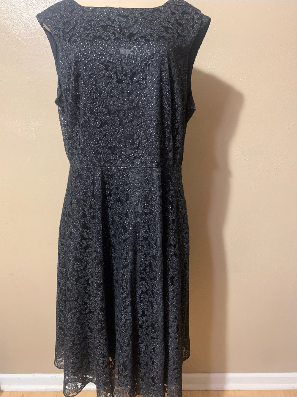 Tahari Black Lace Midi Dress with Sparkle Overlay